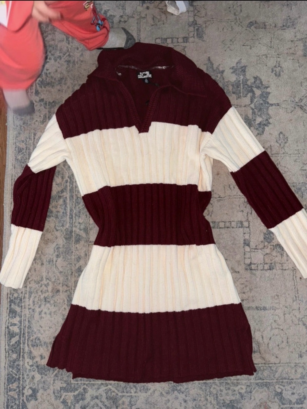 Striped Knit Sweater Dress in Burgundy and Cream